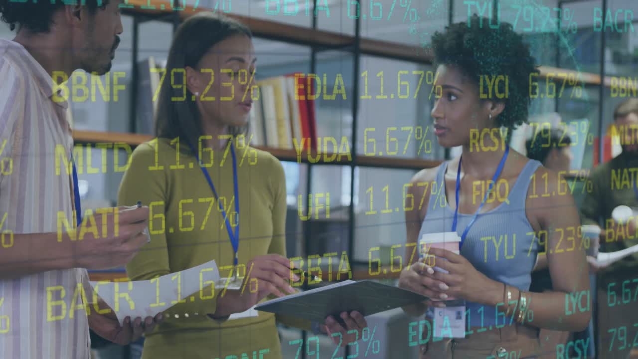Animation of financial data processing over diverse business people working at office
