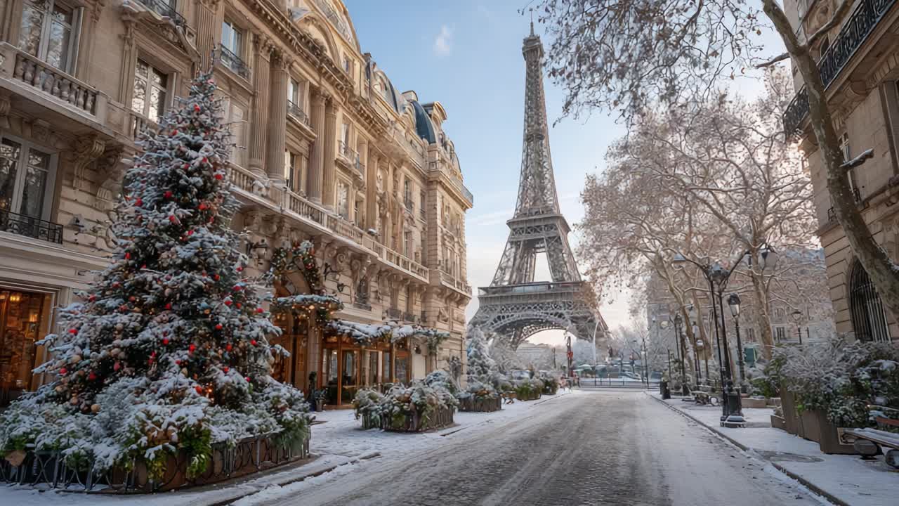 Una splendida scena invernale a Parigi con strade innevate, decorazioni natalizie festive e l'iconica Torre Eiffel sotto un cielo terso