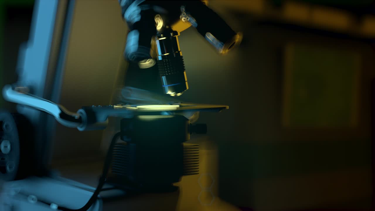 4k 60fps 科学研究コンセプト - 薬用電子微鏡が作業中暗い生きたボケ背景で自動的に隔離されます