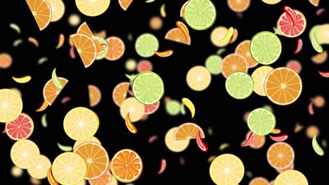 vibrant fruit slices falling against dark backdrop