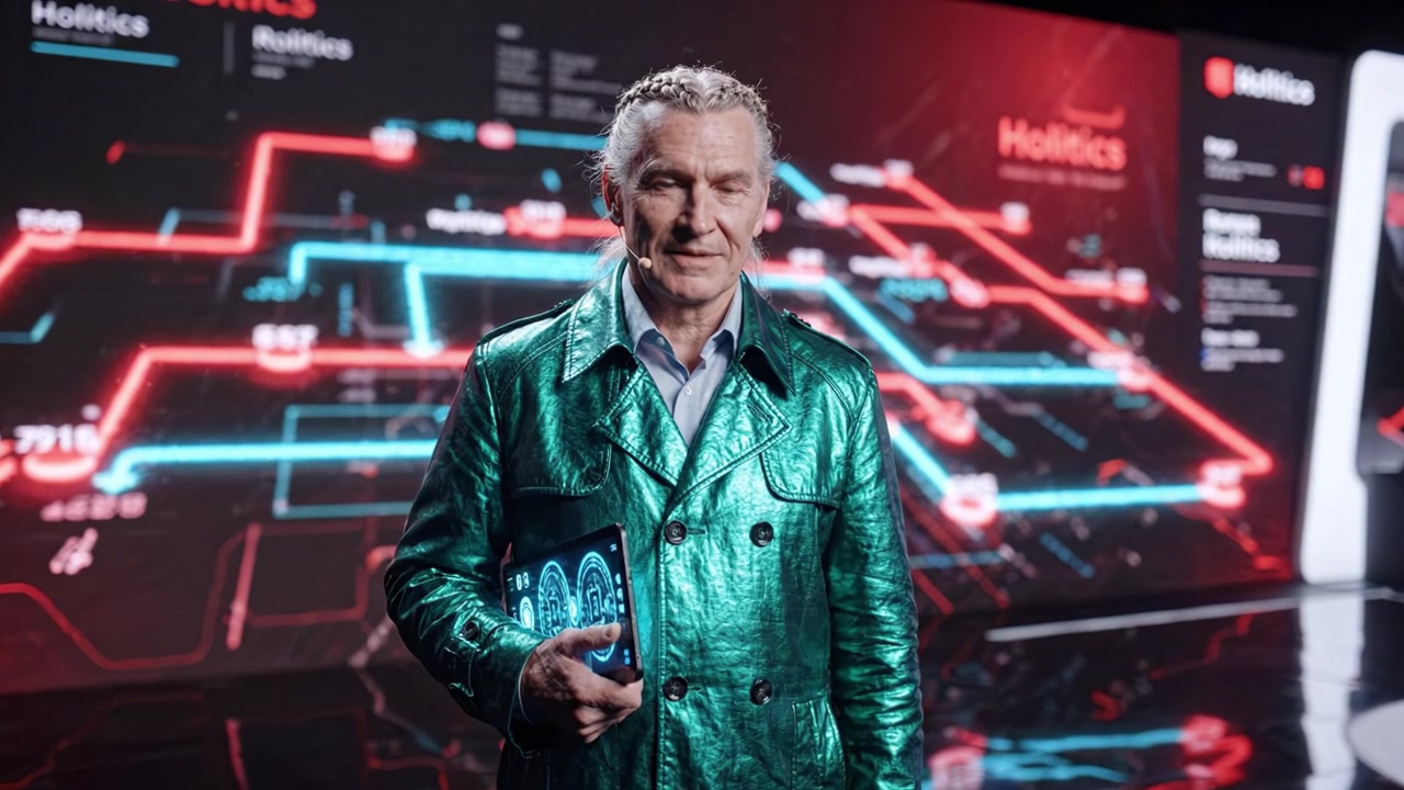 Un oratore carismatico presenta tecnologia all'avanguardia in un ambiente futuristico, mettendo in mostra design e concetti innovativi che catturano l'attenzione del pubblico.