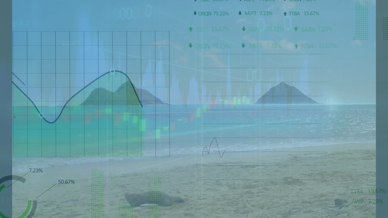Seal pup resting on sandy beach being overlaid by flat design financial charts and stock tickers
