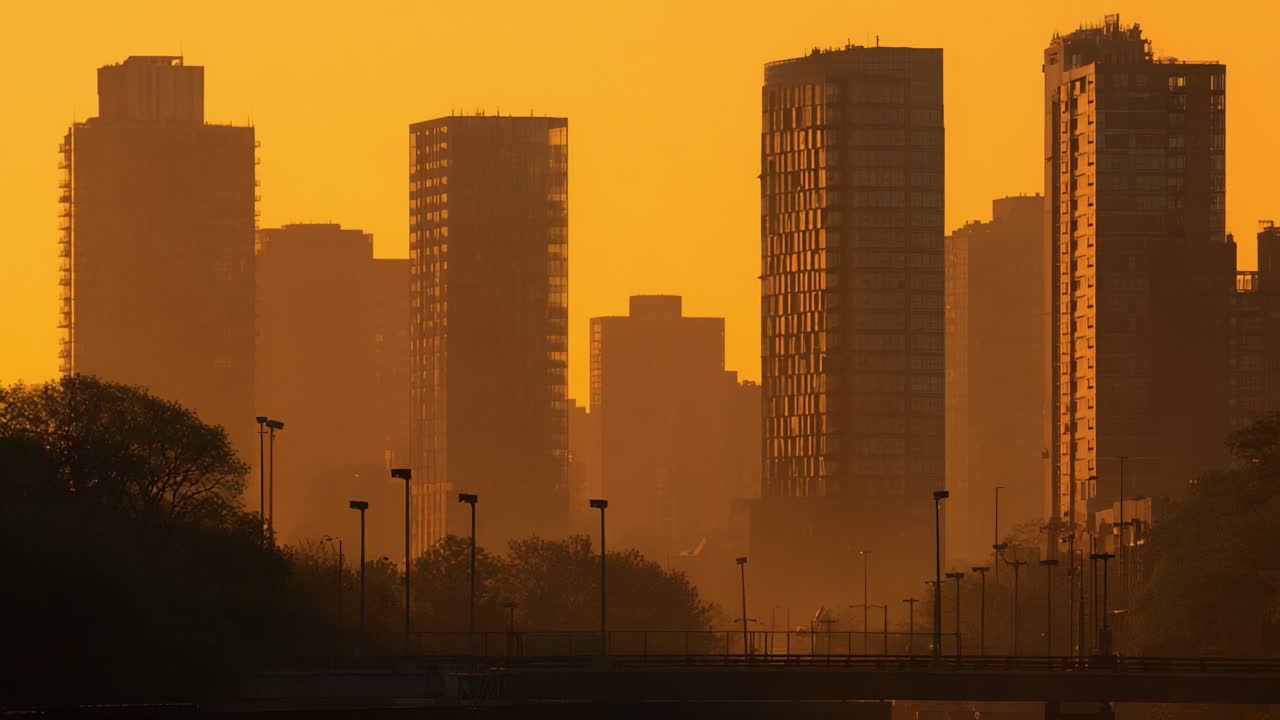 A Stunning Urban Sunset: Silhouetted Skyscrapers Against a Vibrant Golden Sky Highlight a City’s Majestic Skyline During Twilight