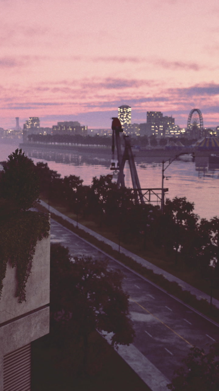 City skyline at dusk with buildings reflecting on the river near the shore
