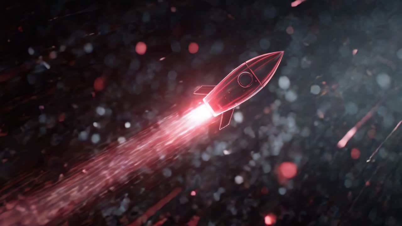 Stylized red neon rocket ship launching through deep space, leaving a fiery trail behind as it travels among cosmic particles and meteorites, symbolizing innovation, startup success and progress