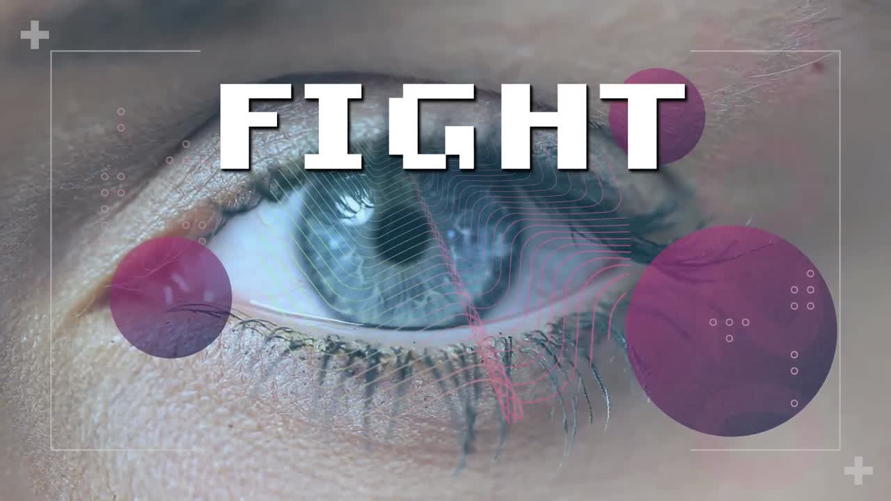 animación de esferas y texto de lucha con mujer con ojos grises