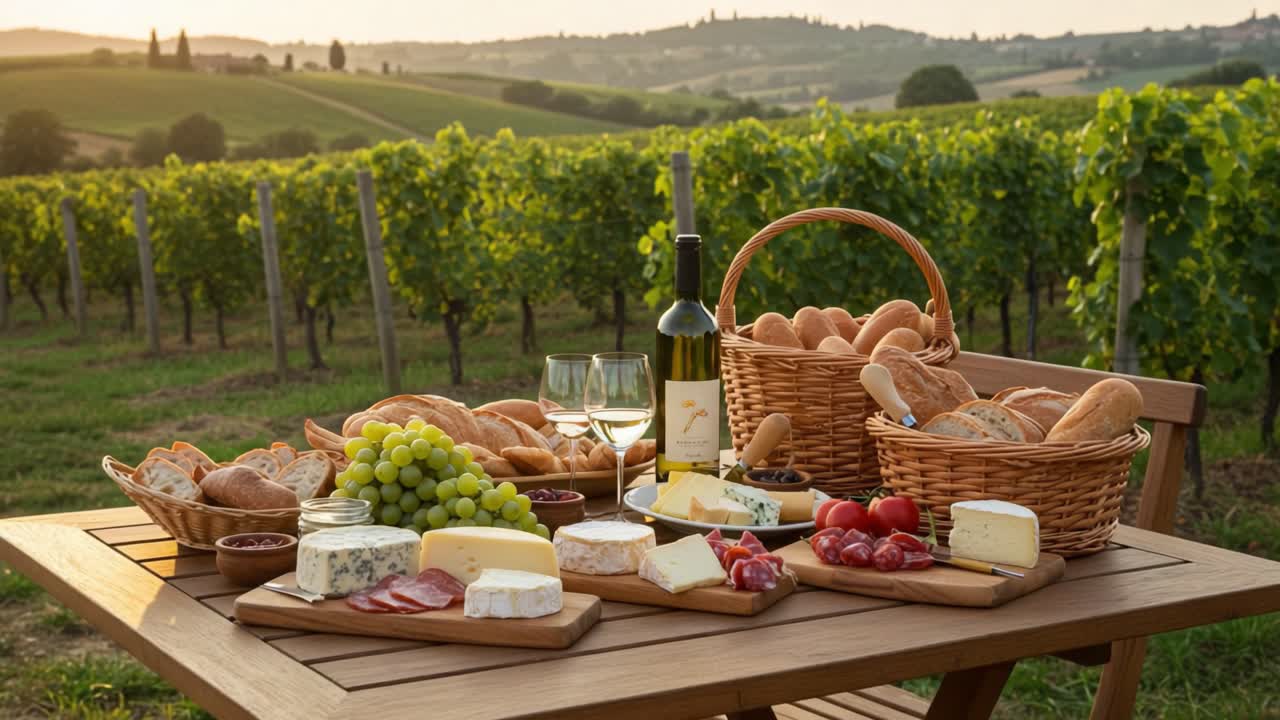 A Beautiful Outdoor Feast Featuring Artisan Cheeses, Fresh Breads, Wine, and Grapes Surrounded by Lush Vineyards Under a Golden Sunset