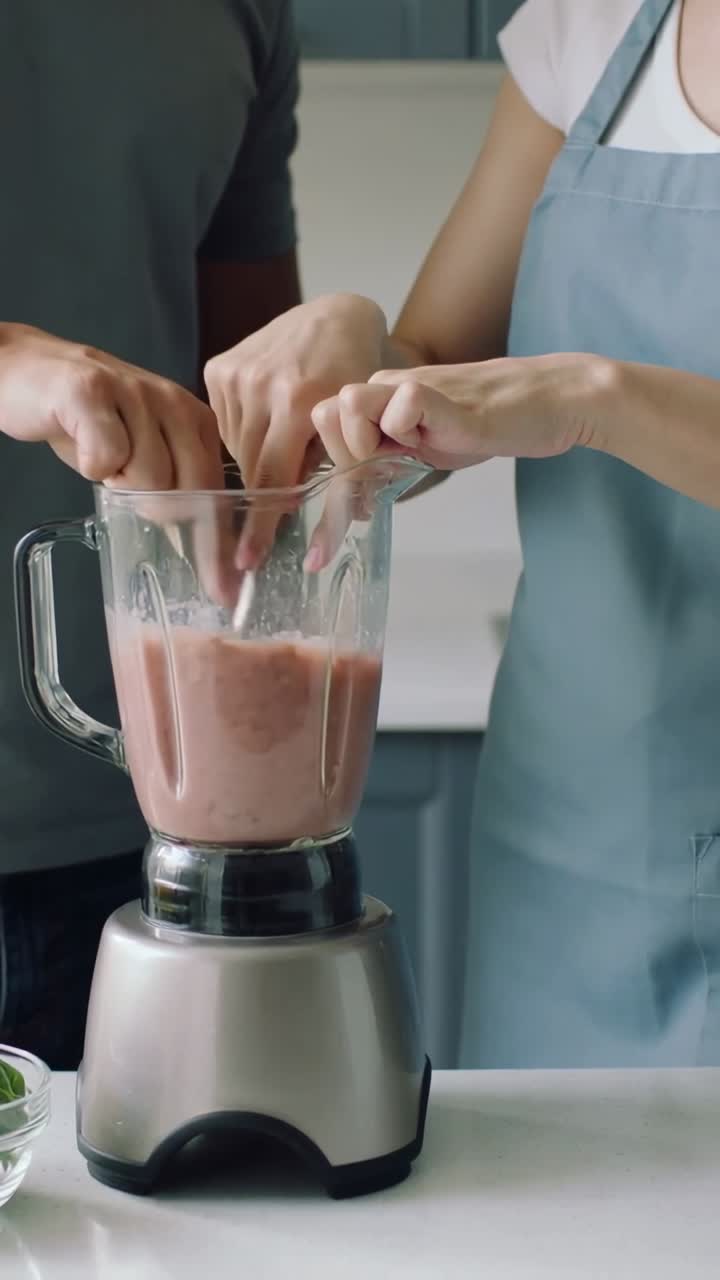 Video verticale: Una coppia con grembiule che, con le mani, inizia a preparare un composto rosa nel bicchiere del frullatore in cucina, con verdure.