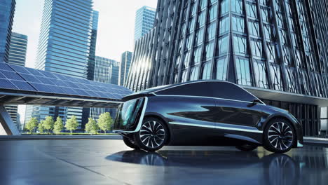 futuristic autonomous car with digital display in a modern city