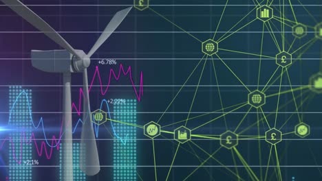 animación del procesamiento de datos a través de la red de conexiones y la turbina eólica