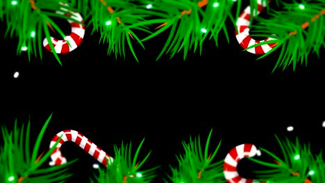 christmas frame on black background. abstract backdrop with brunch trees, candys and lights