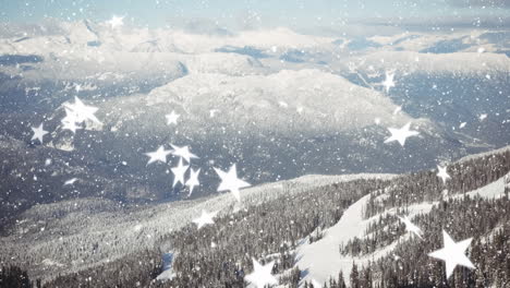 animation of snow and stars falling over winter countryside scenery