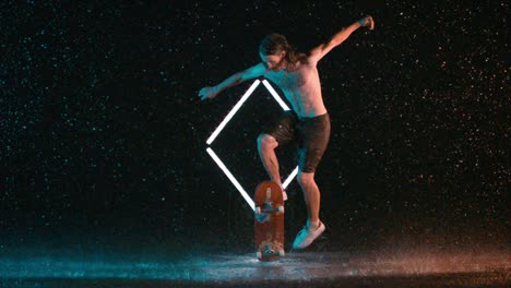 amazing skilled skateboard hardflip trick in wet rain studio effect, caucasian man