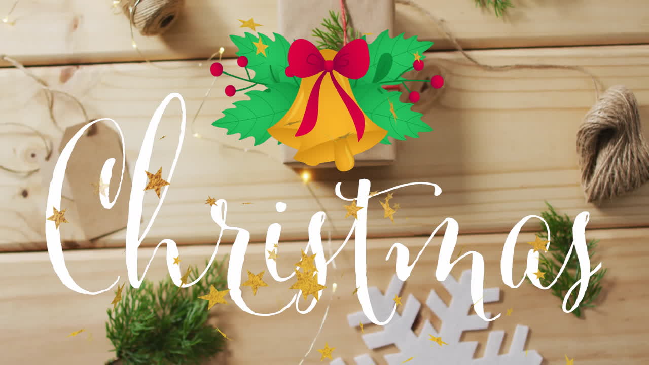 Christmas text animation over wooden background with festive decorations and stars