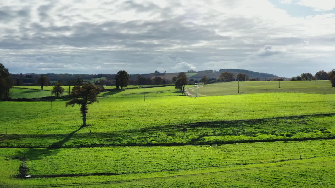 Toma aérea cinematográfica del paisaje de Francia, árboles, carreteras y pueblos