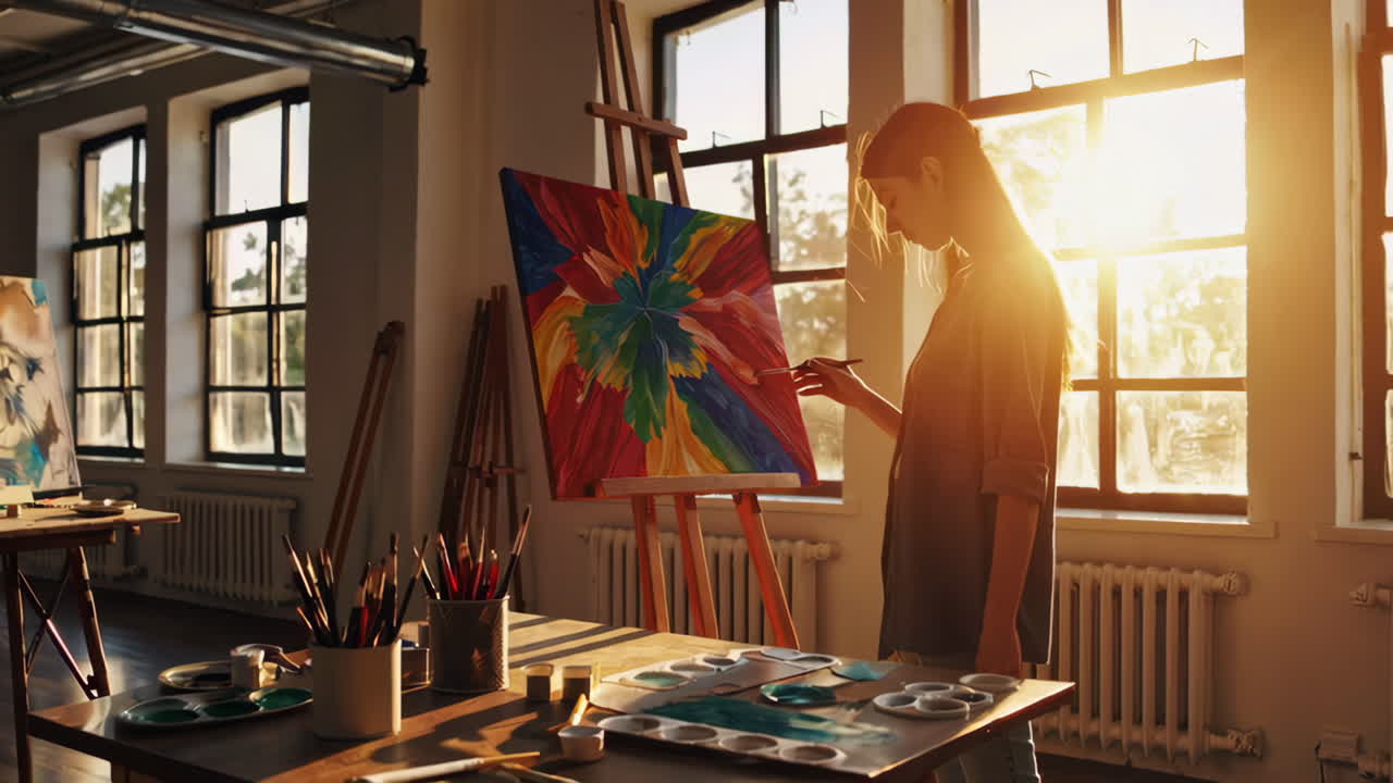 Artist Painting in a Sunlit Studio