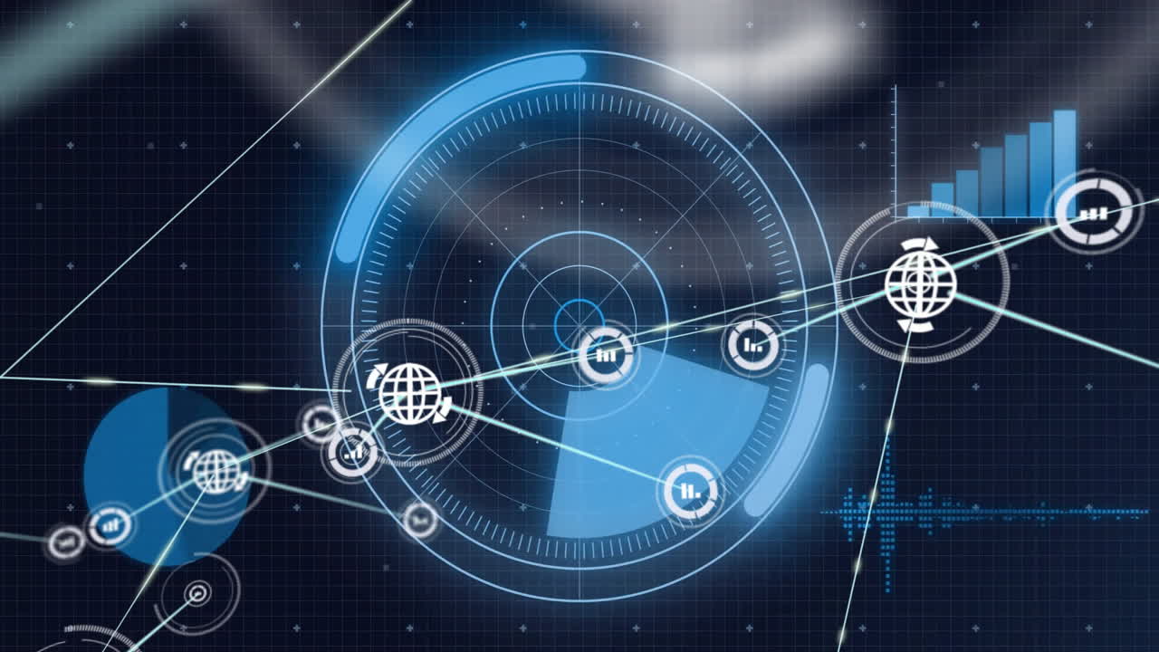 Futuristic digital interface with rotating radar and network connections animation