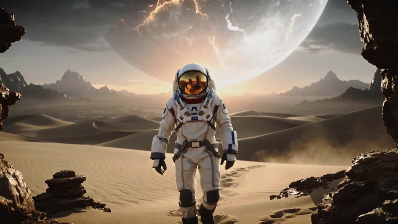 Gående astronaut i rumdragt stiger ned ad en klit, nærmer sig kameraet via et klippepas og overvåger under en planet.