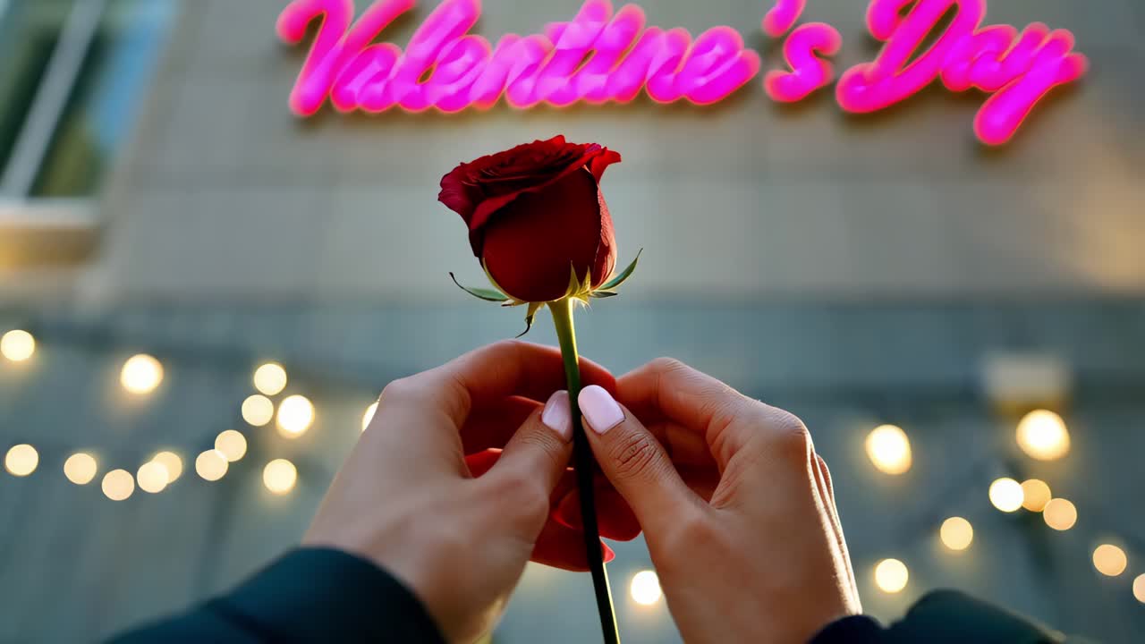 красная роза в руках перед знаком дня святого валентина