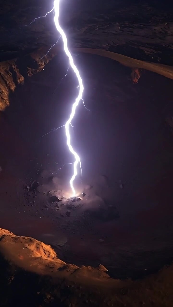 Video verticale: Nuvole temporalesche con fulmini che colpiscono il fondo di un cratere di notte, sollevando polvere.