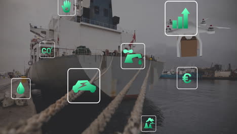 animación de iconos ecológicos y procesamiento de datos sobre el puerto marítimo