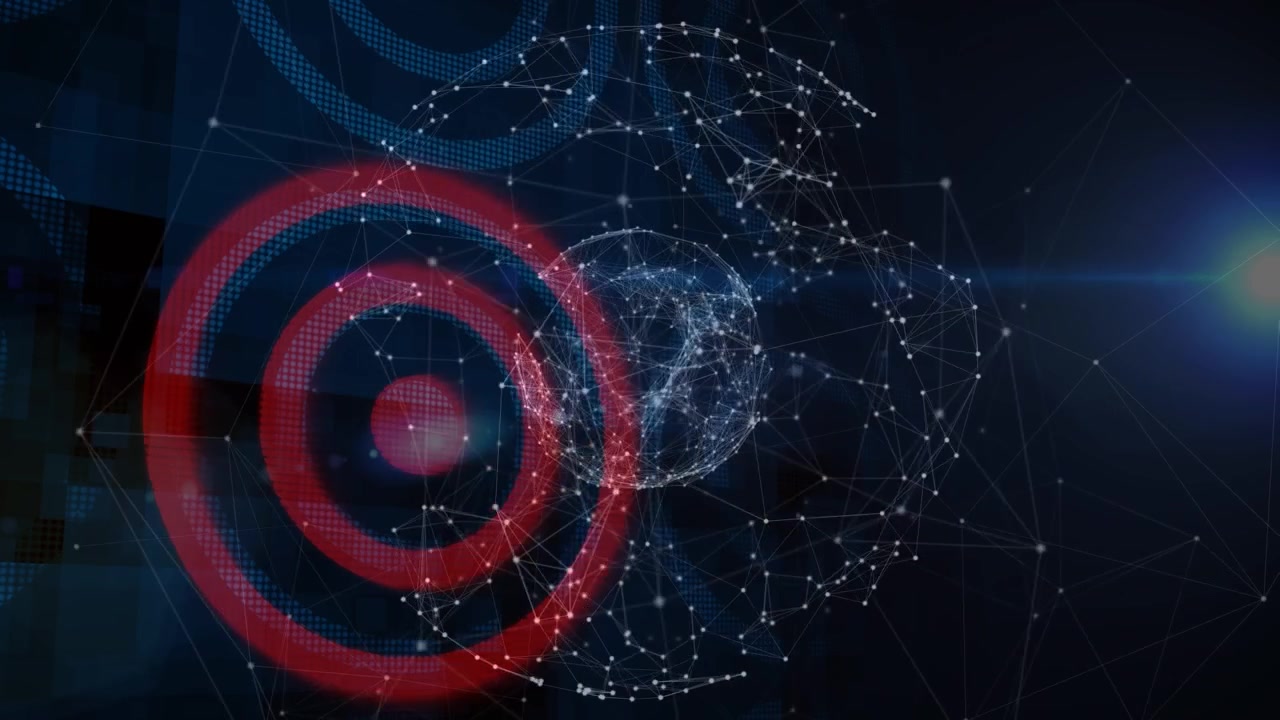 Animation of globe of connections over circles on black background