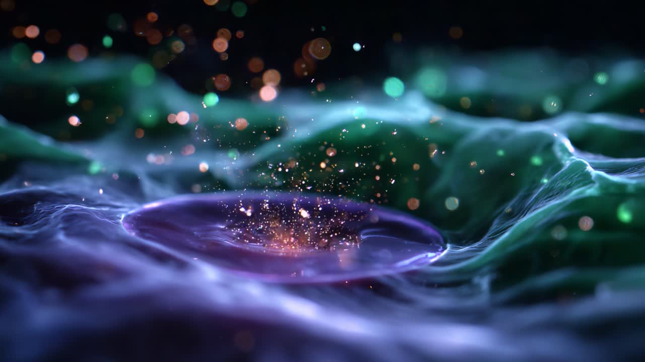 Una rappresentazione visiva ipnotica di particelle scintillanti e colori turbinanti, che mette in mostra una scena eterea piena di luce, energia ed elementi cosmici accattivanti