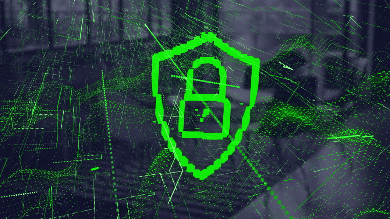 animación de puntos y candado con escudo sobre la oficina