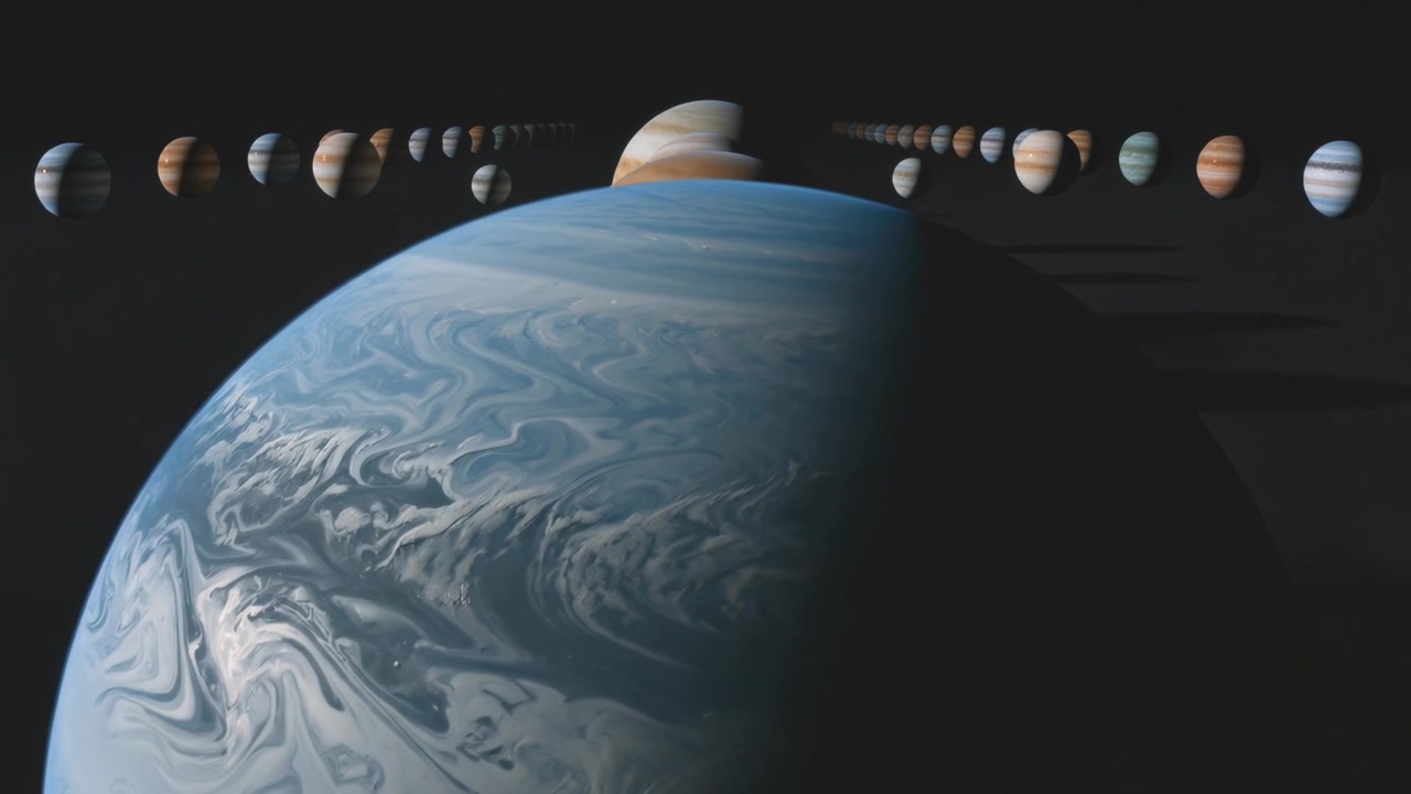Panning camera revealing large blue gas giant in deep space, showing smaller planets for comparison