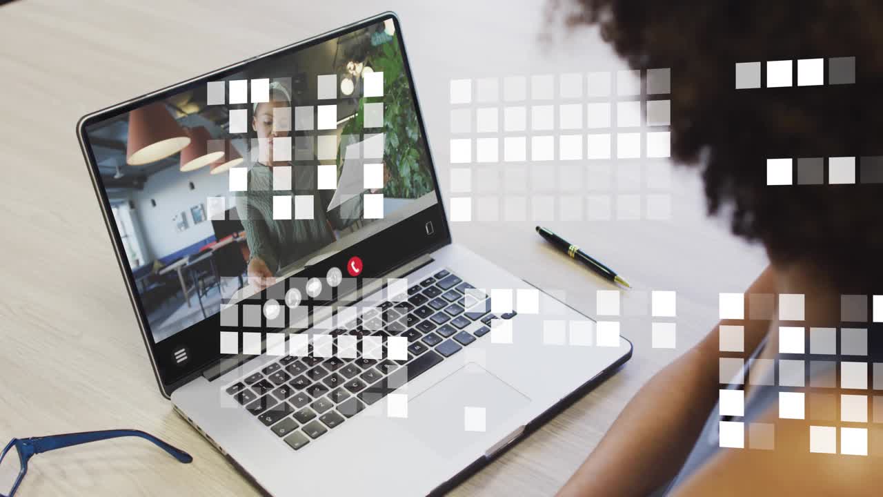 Business call speaker starting speech holding pages, tile mosaic crossing laptop as viewer watching