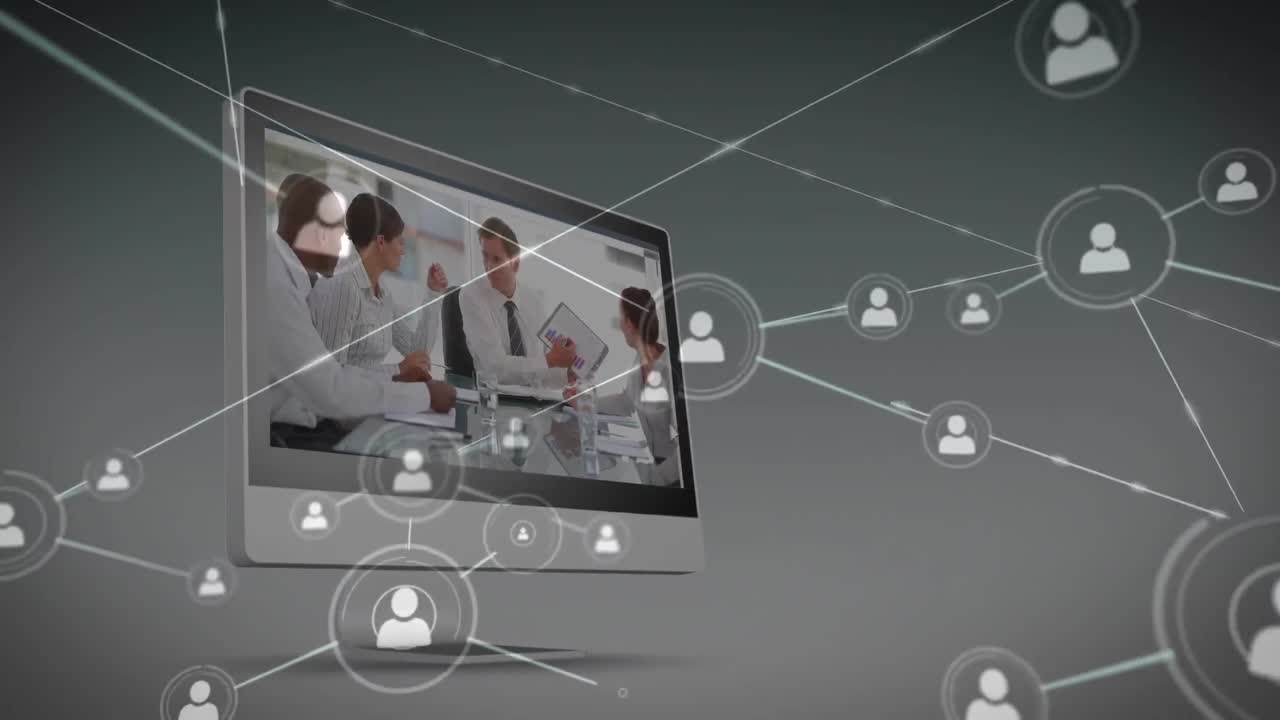 animação de uma rede de ícones de perfil sobre o processamento de dados empresariais no ecrã do computador.