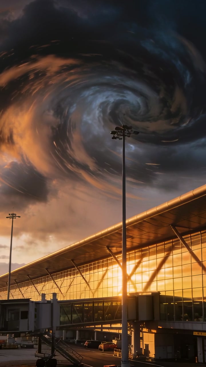 Vertical video: Rotating cloud vortex tightening above terminal light pole at airport by wind shear