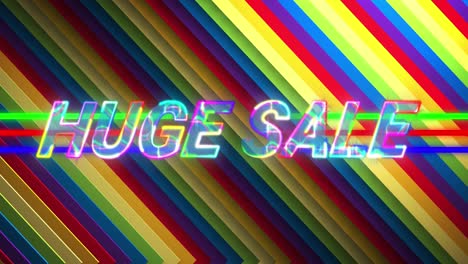 Animation-of-huge-sale-text-over-rainbow-coloured-flashing-diagonal-stripes