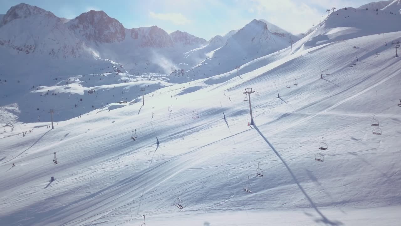 Bird view about ski resort Pas de la Casa, Andorra. Perfect ski day in Grandvalira. Video made with DJI Mavic Pro + ND filter.