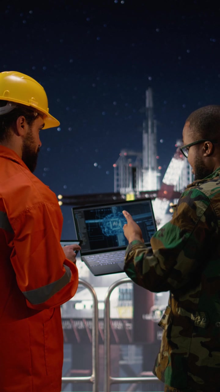 Vertical video AI monitoring offshore rig operations, oil crisis conflict and military man