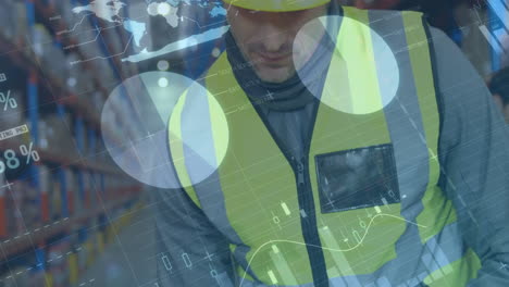 animación de estadísticas y procesamiento de datos financieros sobre el hombre que trabaja en el almacén