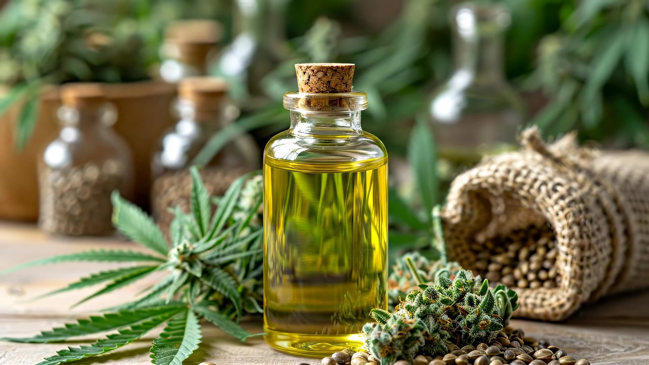 Kenevir tohumları ve kenevir yaprakları ile kenevir yağı şişesi. Ahşap bir masa üzerinde altın kenevir yağı, mantar tıpa, kenevir yaprakları, tomurcuklar ve dağılmış tohumlar içeren cam şişe