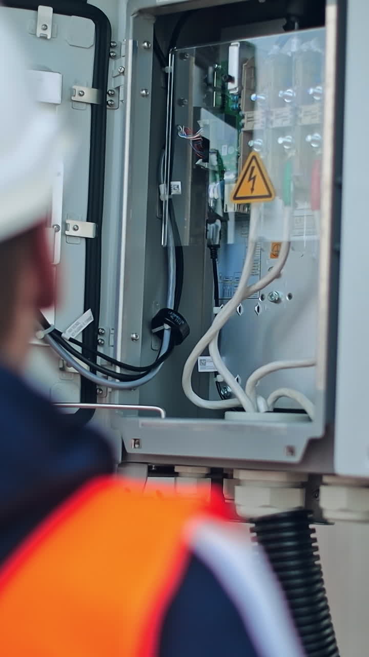 Electrician checks the wires of electric system. Male engineer controls the operation of the power system on a transformer. Vertical video