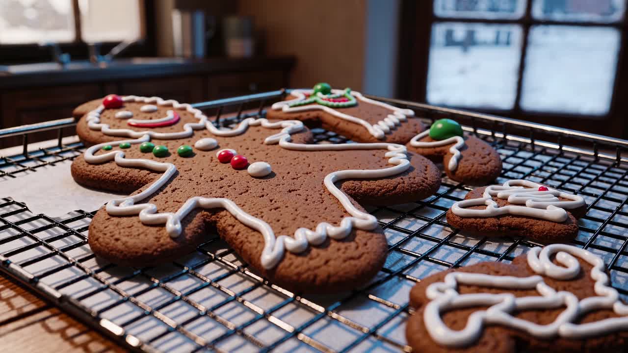 Close-up video shot of decorated gingerbread cookies on a cooling rack, showcasing festive icing