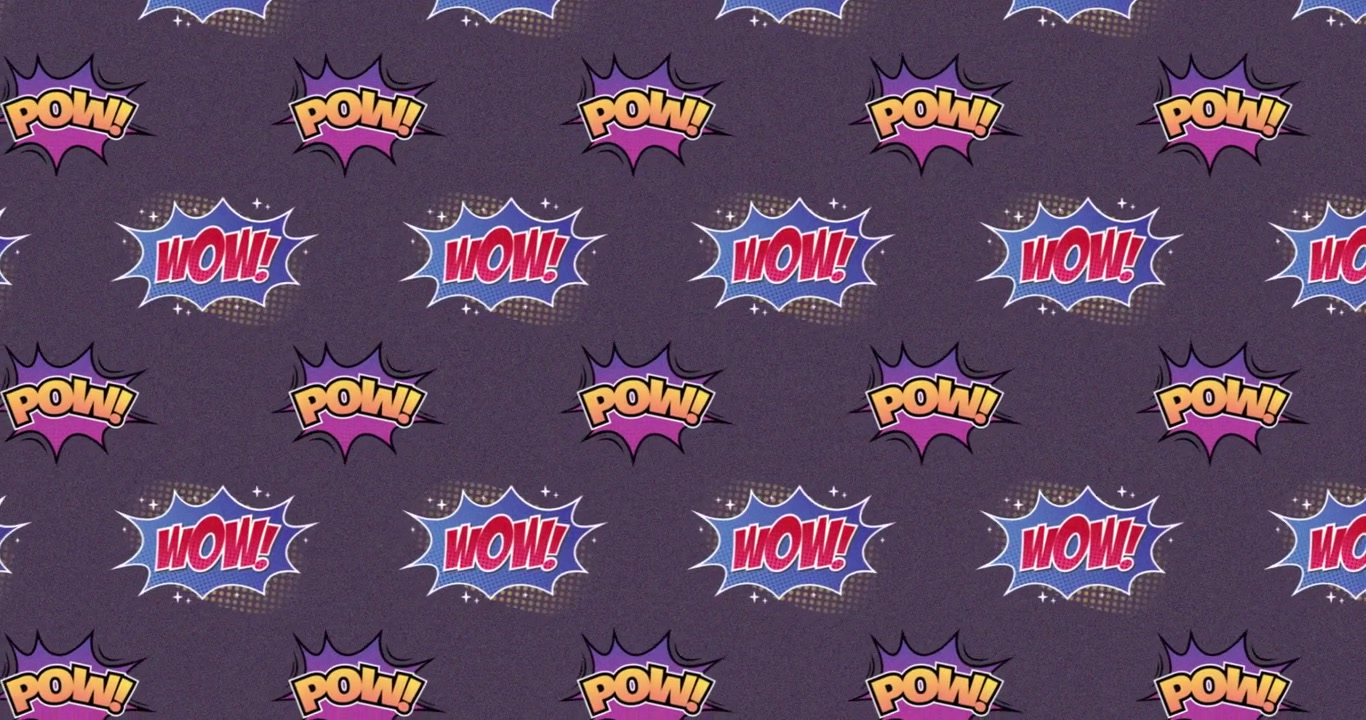 Animazione di molteplici nuvolette di fumetti vintage con testi "Pow!" e "Wow!" in movimento