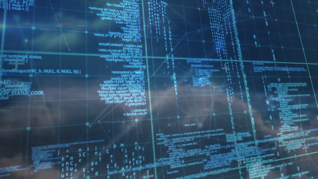 Digital code overlay floating over dark blue network grid, highlighting translucent data streams