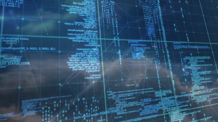 Digital code overlay floating over dark blue network grid, highlighting translucent data streams