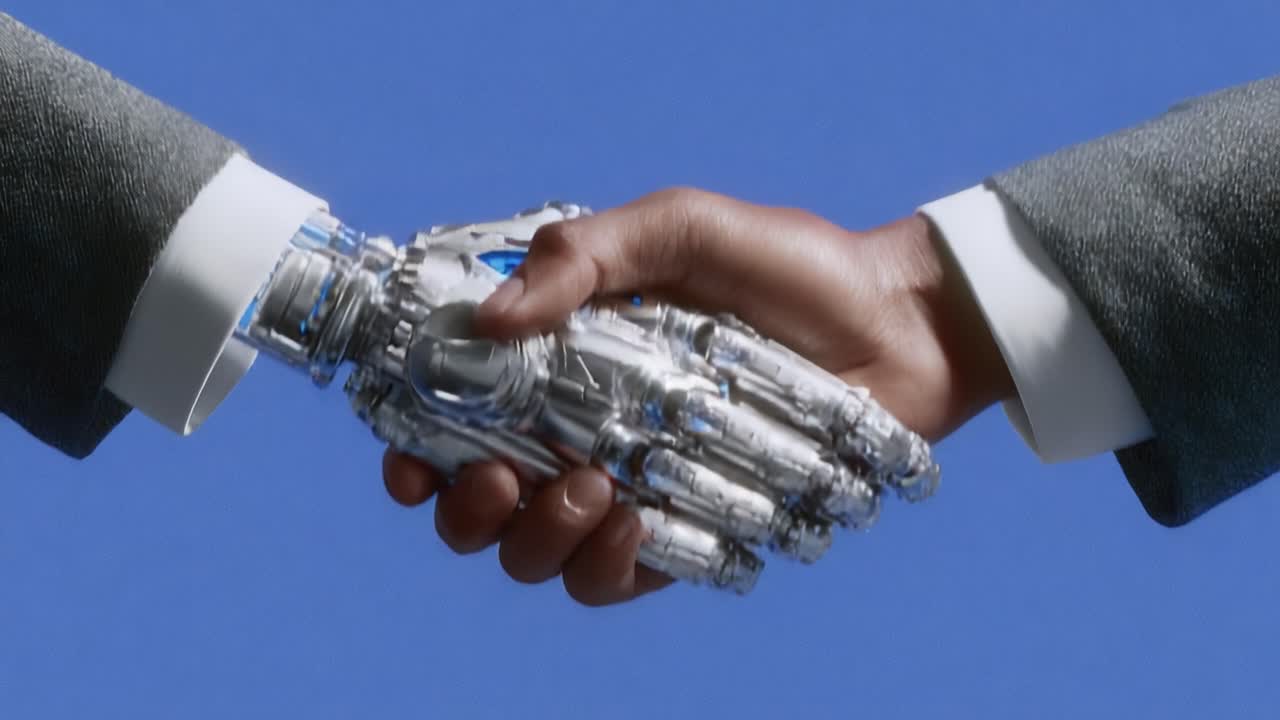 A Futuristic Interaction Between Humanity and Technology Demonstrated Through a Handshake Between a Human and a Robotic Hand, Symbolizing Collaboration and Progress