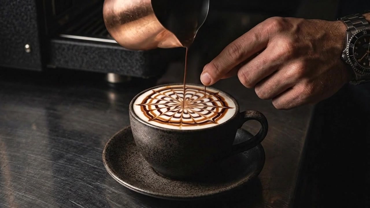 Barista che crea un intricato disegno di latte art in una caffetteria