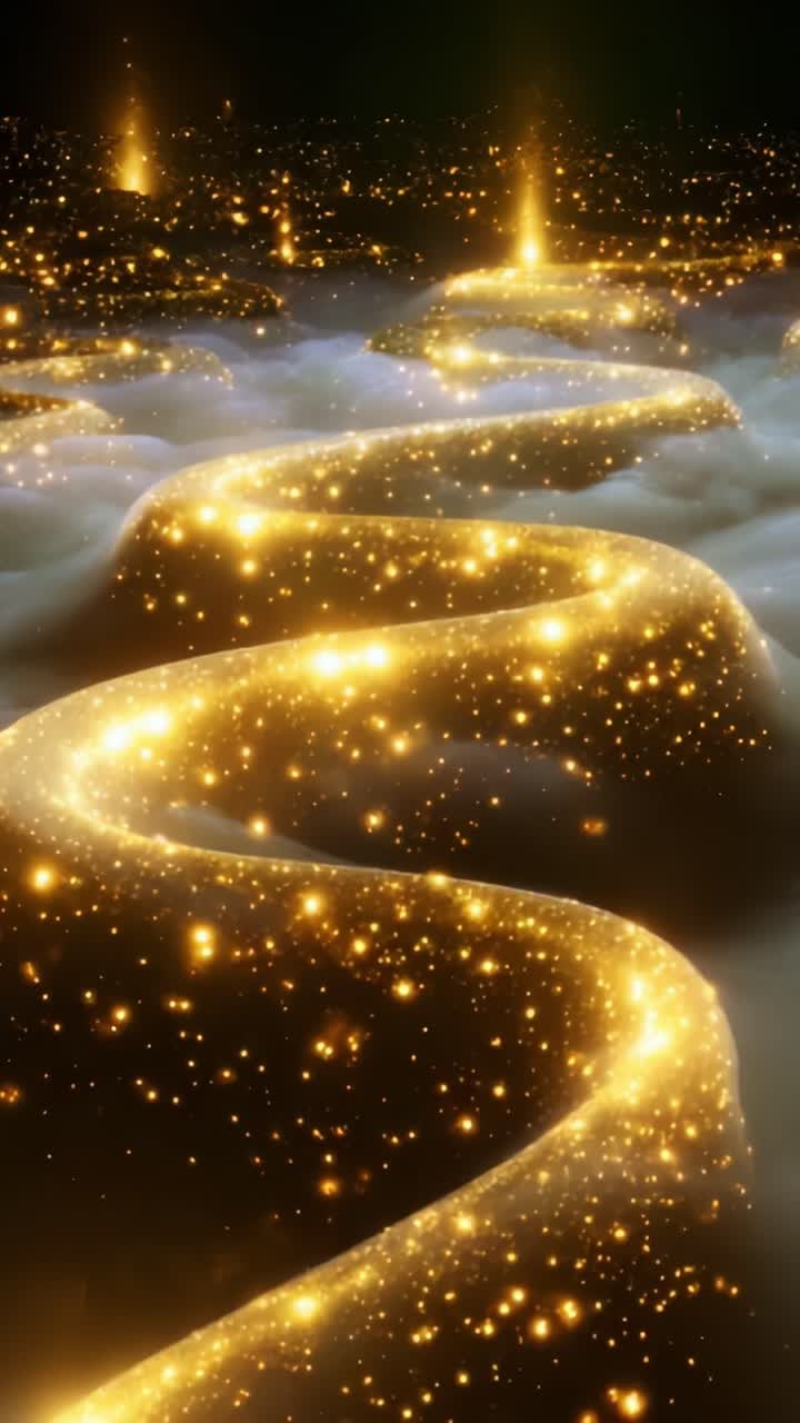 Un viaggio scintillante attraverso un paesaggio da sogno ornato da luccichii dorati e spirali eteree di nebbia, per un'esperienza visiva incantevole