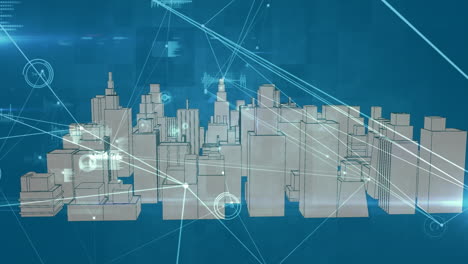 animación de la red de conexiones sobre la ciudad digital sobre fondo azul