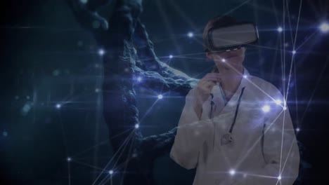 animación de un médico usando un auricular vr sobre una red de conexiones en el fondo.
