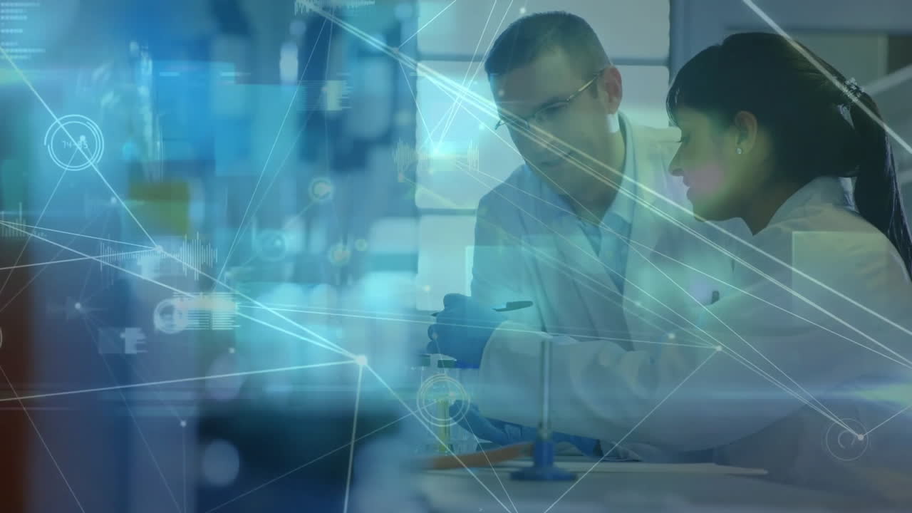 animación de la red de conexiones y procesamiento de datos sobre diversos científicos que hablan en el laboratorio