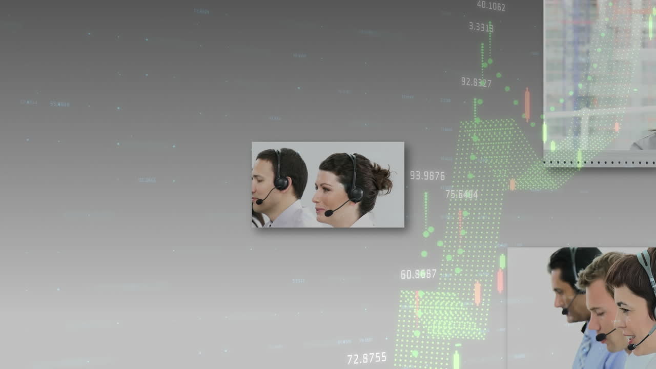 animación de estadísticas y procesamiento de datos sobre personas de negocios que usan auriculares telefónicos
