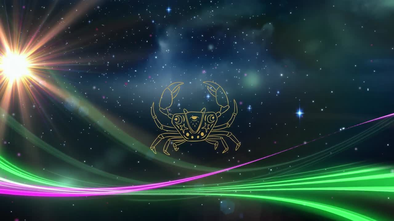 анимация звездного знака рака над вселенными светящимися звездами